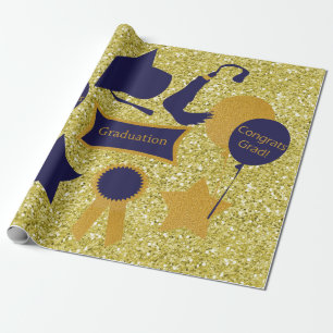 Papel De Regalo Purpurina de Faux de Navy & Gold Graduation