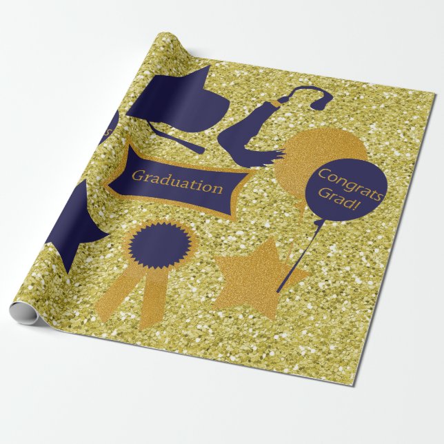Papel De Regalo Purpurina de Faux de Navy & Gold Graduation (Desenrollado)