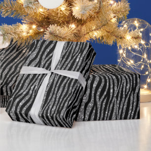 Papel De Regalo Purpurina de impresión de cebra negro plateado   