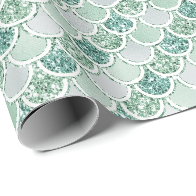 Papel De Regalo Purpurina de la Sirena de Girly Mint Pearl (Esquina del rollo)