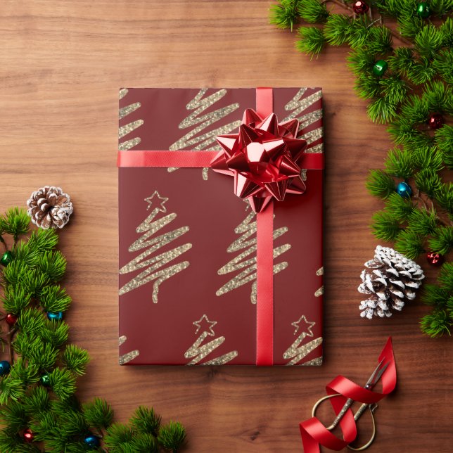 Papel De Regalo Purpurina de oro Árbol de Navidad moderno rojo (Regalo de vacaciones)