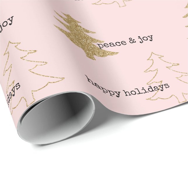 Papel De Regalo Purpurina de oro árboles de Navidad Rubor rosa (Esquina del rollo)