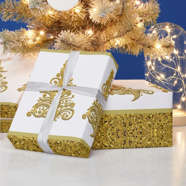Papel De Regalo Purpurina de oro con árbol de Navidad filigrí (Vacaciones)