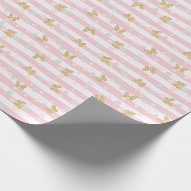 Papel De Regalo Purpurina de oro Mariposas Bandas Rosadas Girona (Esquina)