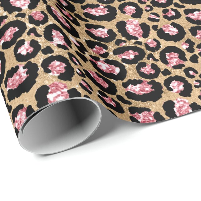Papel De Regalo Purpurina de oro rosa Leopardo impresión animal (Esquina del rollo)