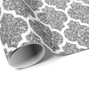 Papel De Regalo Purpurina de plata gris del art déco blanco de