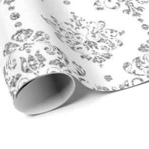 Papel De Regalo Purpurina de plata gris real blanco del damasco