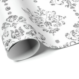 Papel De Regalo Purpurina de plata gris real de Damask White
