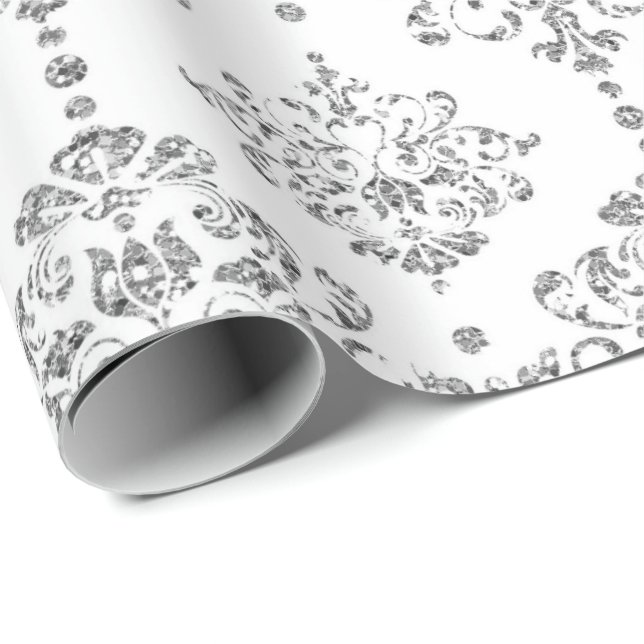 Papel De Regalo Purpurina de plata gris real de Damask White (Esquina del rollo)