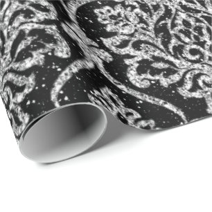Papel De Regalo Purpurina de plata gris real negro del damasco