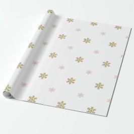Papel De Regalo Purpurina dorada y copos de nieve rosados en Navid