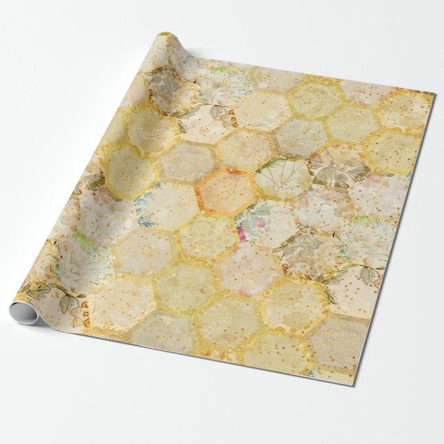 Papel De Regalo Purpurina Dorado de miel floral (Desenrollado)