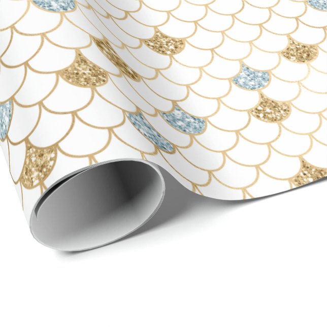 Papel De Regalo Purpurina Glitzy Mermaid Blue Gold Sparkle (Esquina del rollo)