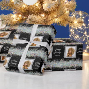 Papel De Regalo Purpurina Holográfico Texto de foto Negro Elegante