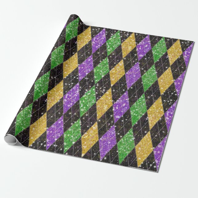 Papel De Regalo Purpurina Mardi Gras Harlequin Argyle (Desenrollado)
