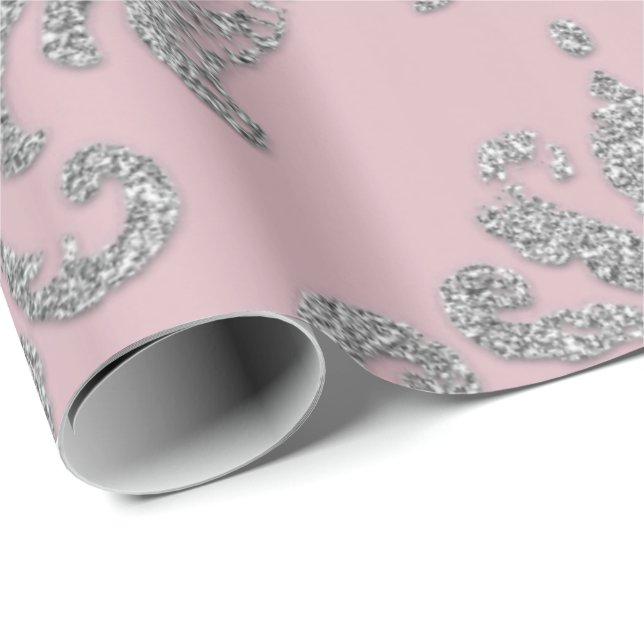 Papel De Regalo Purpurina plateado metálico real Damask Pink (Esquina del rollo)