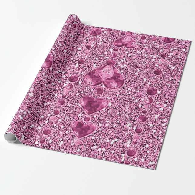 Papel De Regalo Purpurina Rosa Faux y Droplets Heart (Desenrollado)