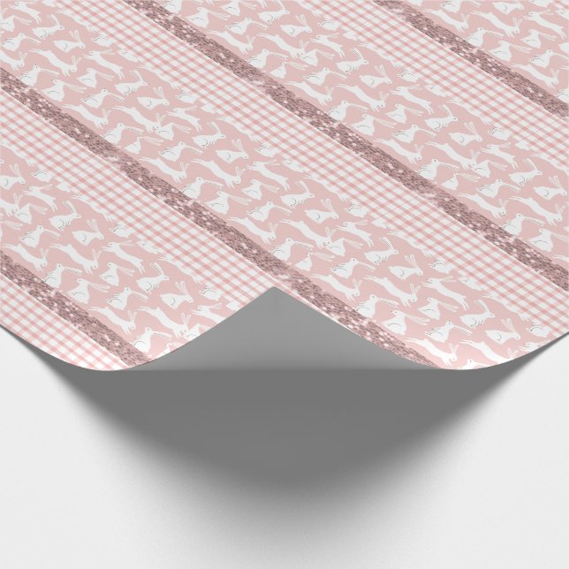 Papel De Regalo Purpurina Rosa Gingham Plaid Rabbits (Esquina)