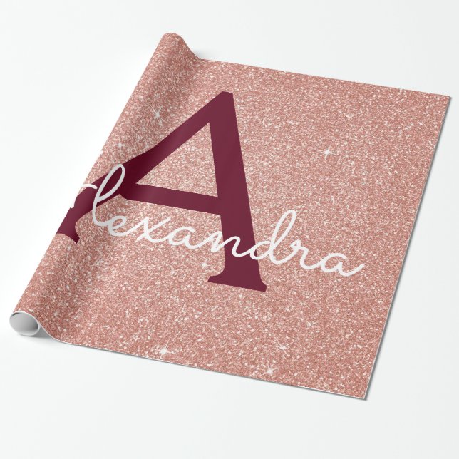 Papel De Regalo Purpurina Rosa Rosa Dorado Borgoña Esparkle Monogr (Desenrollado)