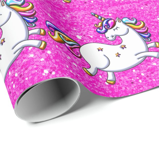 Papel De Regalo Purpurina rosa Unicornios (Esquina del rollo)