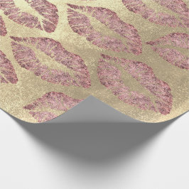 Papel De Regalo Purpurina rosado dorado con labios de beso maquill
