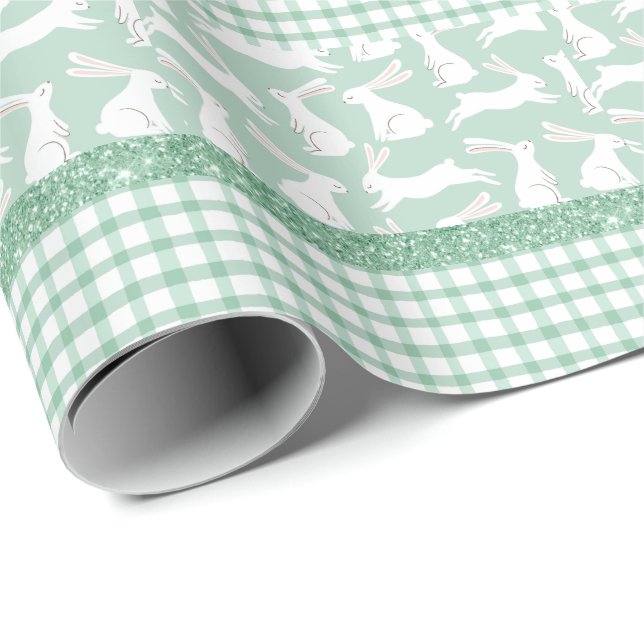 Papel De Regalo Purpurina Verde Gingham Plaid Rabbits (Esquina del rollo)