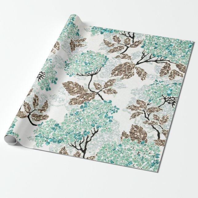 Papel De Regalo Purpurinoso terroso de la aguamarina floral (Desenrollado)