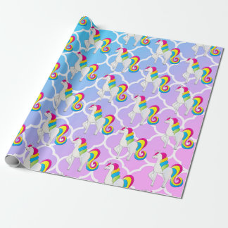 Papel De Regalo Quatrefoil azul y rosado del unicornio lindo