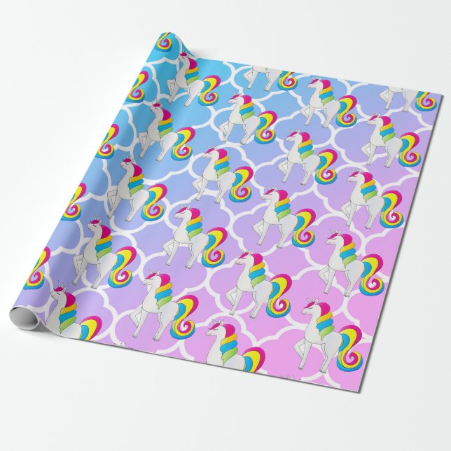 Papel De Regalo Quatrefoil azul y rosado del unicornio lindo (Desenrollado)