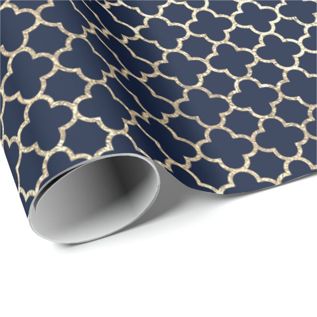 Papel De Regalo Quatrefoil Bridal Blue Navy Faux Gold (Esquina del rollo)