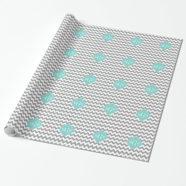 Papel De Regalo Quatrefoil de Chevron Aqua Gris 3 Monograma (Desenrollado)