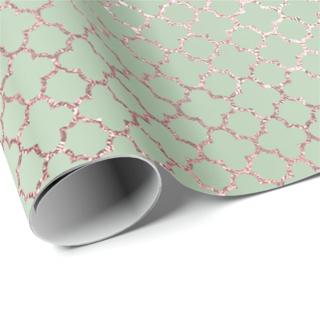 Papel De Regalo Quatrefoil Glam Pink Rose Mint Green Bridal Bridal (Esquina del rollo)