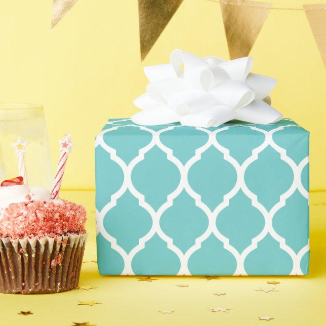 Papel De Regalo Quatrefoil marroquí blanco y turquesa (Fiesta de cumpleaños )