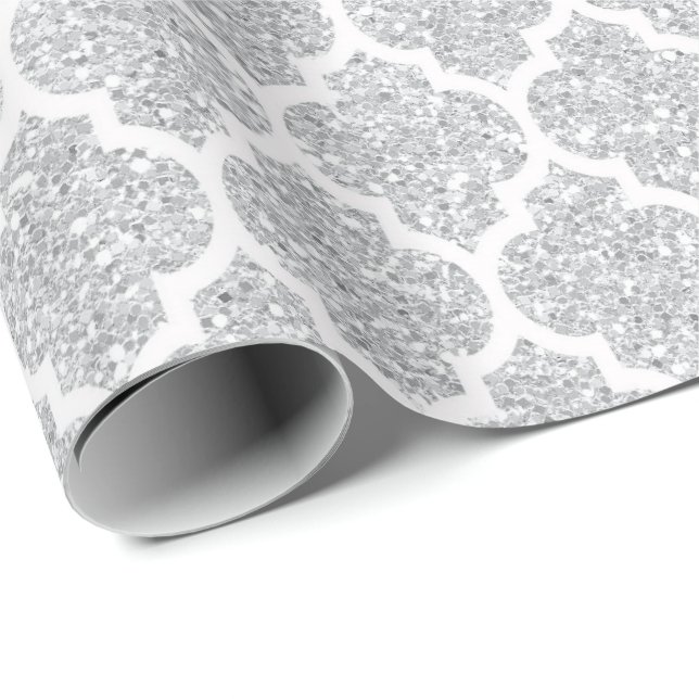 Papel De Regalo Quatrefoil Net White Silver Art Deco Vip (Esquina del rollo)