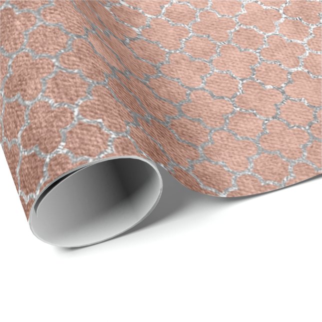 Papel De Regalo Quatrefoil Silver Glam Rosa Rosa Oro brillante (Esquina del rollo)