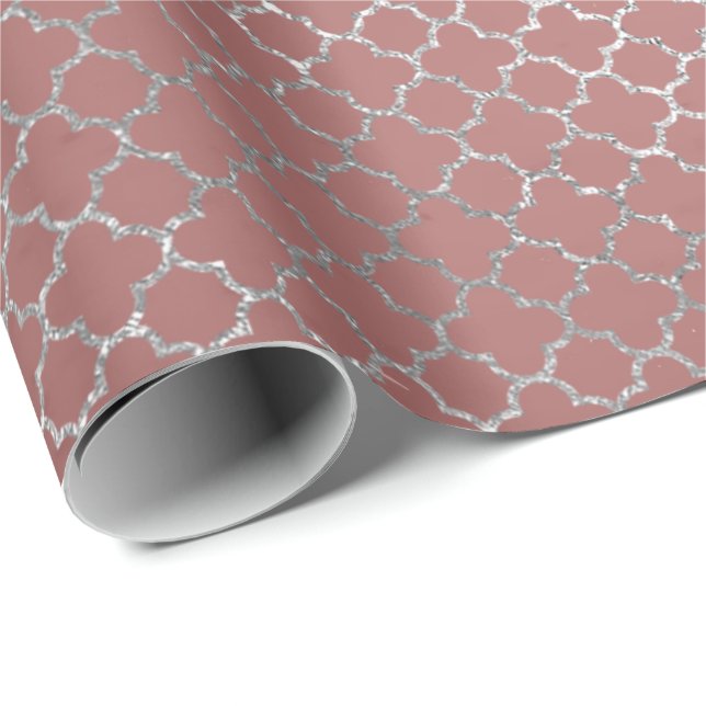 Papel De Regalo Quatrefoil Silver Glam Rosa Rosa Oro brillante (Esquina del rollo)