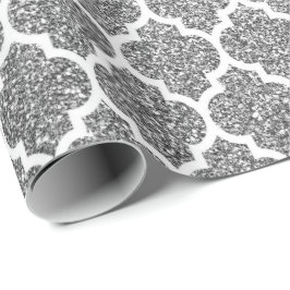 Papel De Regalo Quatrefoil White Art Deco Purpurina de plata gris