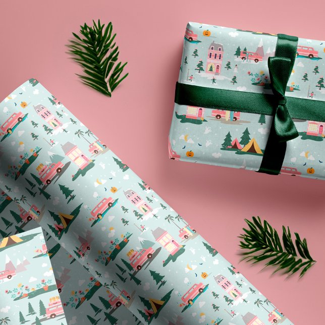 Papel De Regalo Que la aventura empiece Moda Retro Rosa Van Travel (Let The Adventure Begin Chic Pink Retro Van Travel Wrapping Paper)