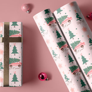Papel De Regalo Que nieve Árbol de Navidad Vintage rosa Van Retro