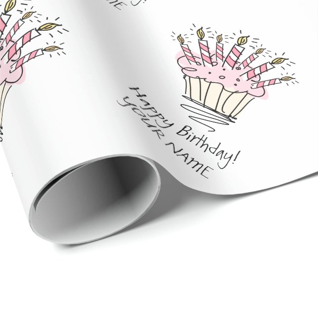 Papel De Regalo quequitos rosados personalizado con velas de cumpl (Esquina del rollo)