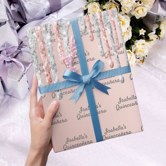 Papel De Regalo Quinceanera purpurina de oro rosa chispa de plata (Subido por el creador)