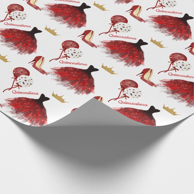 Papel De Regalo Quinceañera Red Gold Black Fiesta Wear (Esquina)