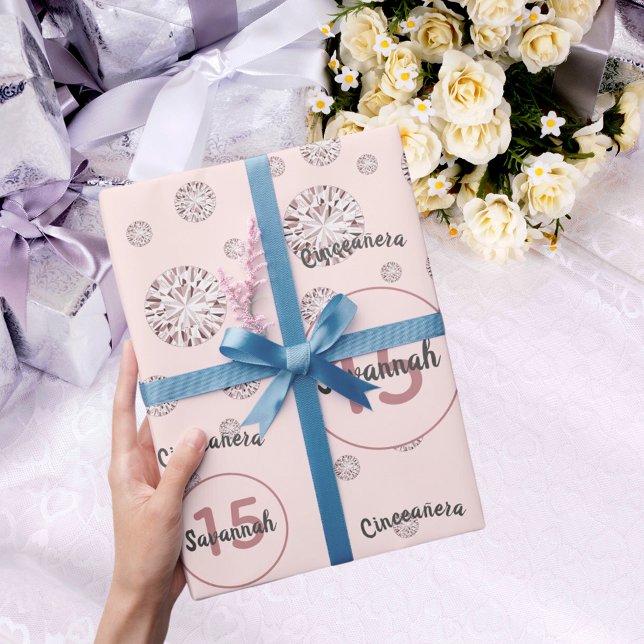 Papel De Regalo Quinceanera rosa de 15 años oro diamantes rosados (Subido por el creador)