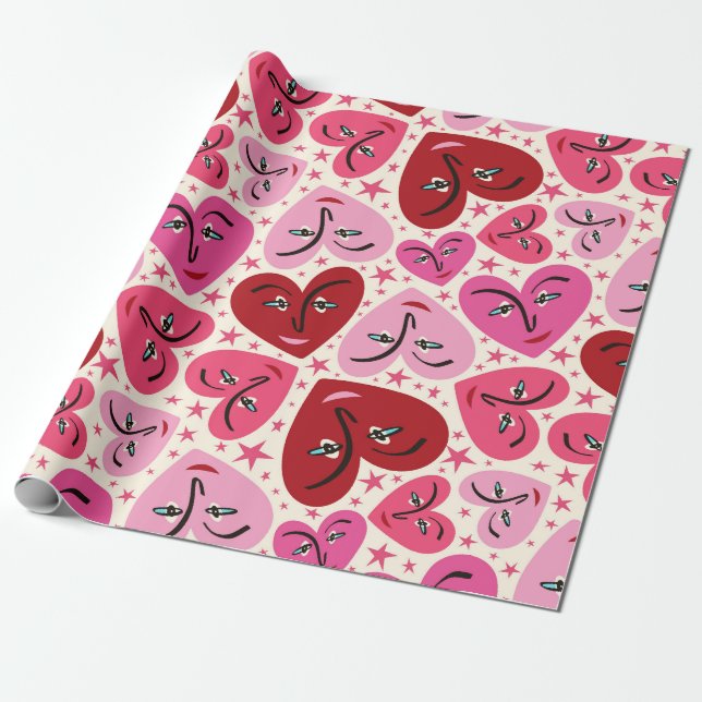 Papel De Regalo Quirky Smiling Hearts Valentine (Desenrollado)