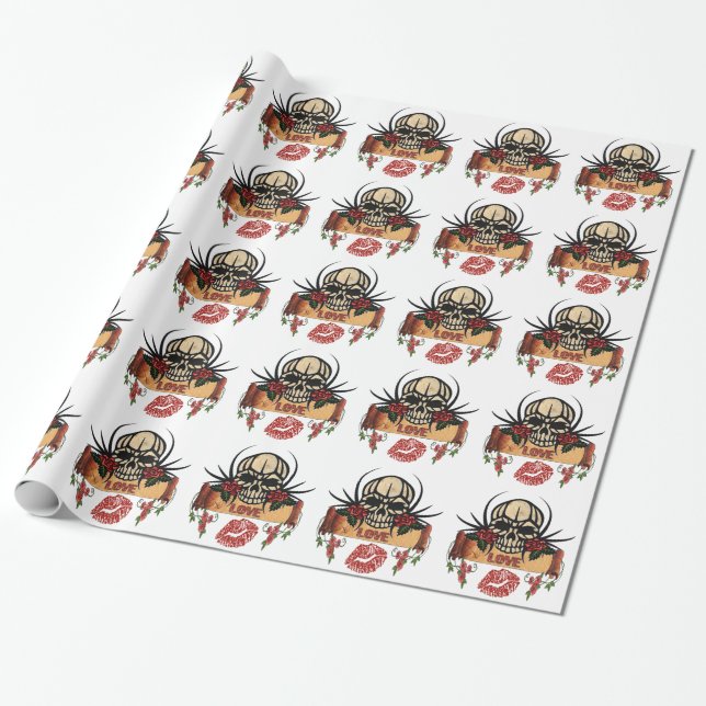 Papel De Regalo RAB Rockabilly Skull Rosas Aman Lipstick (Desenrollado)