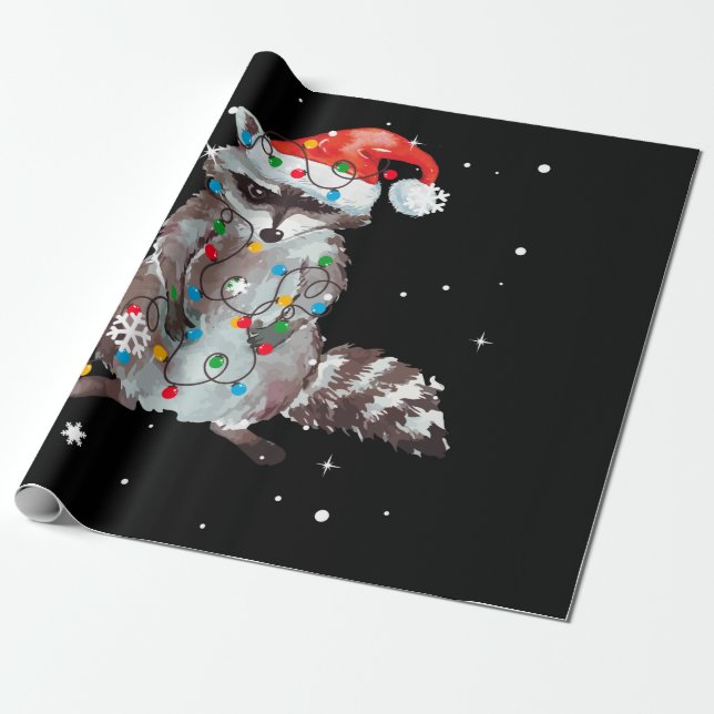 Papel De Regalo Raccoon Christmas Tree Lights Pajama Racoon Lover (Desenrollado)