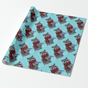 Papel De Regalo Raccoon de invierno con pájaro azul
