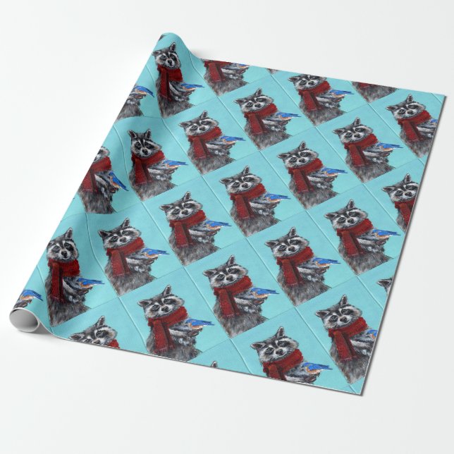 Papel De Regalo Raccoon de invierno con pájaro azul (Desenrollado)