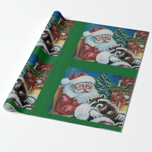 Papel De Regalo Raccoon durmiente y Santa (Desenrollado)