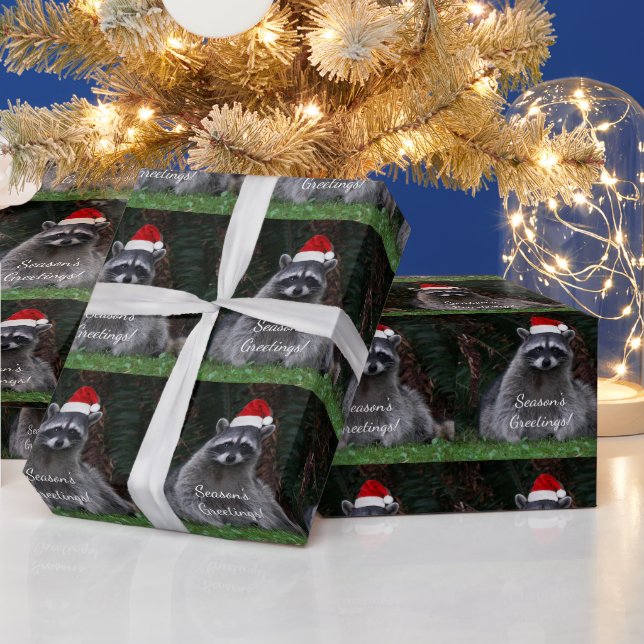 Papel De Regalo Raccoon lindo con vacaciones de Red Santa Hat (Vacaciones)